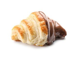 Delicious croissants with chocolate on white background