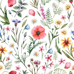 Seamless watercolor background with wild flowers in vintage style. Wildflowers and herbs hand-drawn. Floral background for fabrics, paper, wallpaper, cards