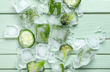 Fresh vegetables frozen in ice on green wooden background