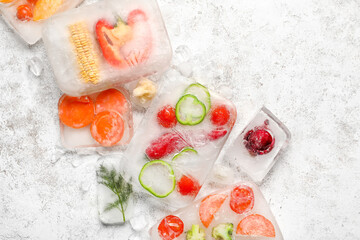 Fresh cut vegetables frozen in ice on light background