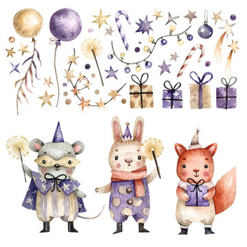 Set of cute animals in carnival costumes, balloons, gifts and stars painted with watercolor. Watercolor characters and elements isolated on a white background for cards, decor, paper