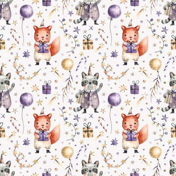 Seamless pattern with watercolor painted cute mouse and raccoon in carnival costumes, gifts, garlands and sweets. Watercolor background with characters and elements of a party, new year, birthday