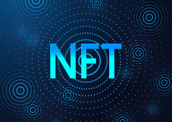 Concept of NFT nonfungible tokens in futuristic style on dark blue backgound. 