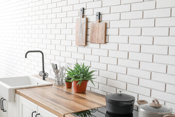 Kitchen counters with sink, houseplants and utensils near white brick wall