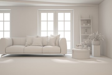 Mock up of stylish room in white color with sofa. Scandinavian interior design. 3D illustration
