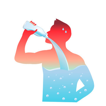 Man with dehydrated body drinking water from bottle flow into body. dehydration and hydration Illustration