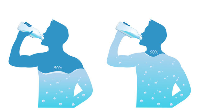 Man drinking water from bottle flow into body with water level scale. dehydration and hydration Illustration