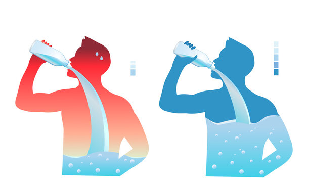 Man with dehydrated body drinking water from bottle flow into body with water scale. dehydration and hydration Illustration