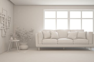 White minimalist living room with sofa. Scandinavian interior design. 3D illustration