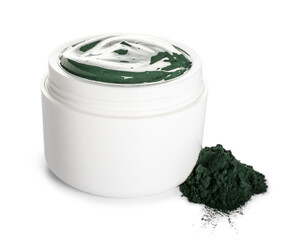 Jar of spirulina facial mask and powder on white background