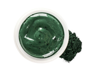 Jar of spirulina facial mask and powder on white background