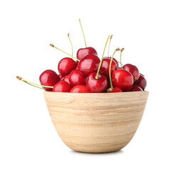Bowl of sweet cherries on white background