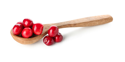 Wooden spoon with sweet cherries on white background