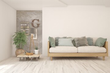 White living room with sofa. Scandinavian interior design. 3D illustration