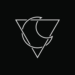 Crescent moon and triangle logo template with geometric heraldic line art illustration in flat design monogram symbol