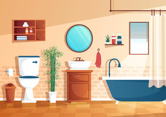 Fototapeta na wymiar Modern Bathroom Furniture Interior Background Illustration with Bathtub, Faucet Toilet Sink to Shower and Clean up in Flat Color Style