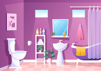 Obraz na płótnie Canvas Modern Bathroom Furniture Interior Background Illustration with Bathtub, Faucet Toilet Sink to Shower and Clean up in Flat Color Style