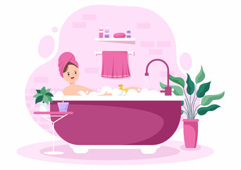 Modern Bathroom Furniture Interior Background Illustration with girl taking a bath in the bathtub in Flat Color Style