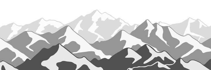 Snow covered mountain peaks, mountain ranges panoramic view, black and white landscape