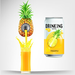 Fresh pineapple juice soft drink with lid aluminum can and drinking straw. Isolated on a white background. Healthy fruit drink concept. Realistic vector illustration.
