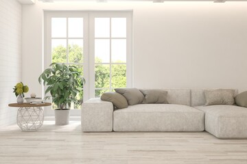 White living room with sofa. Scandinavian interior design. 3D illustration