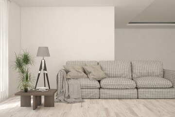 White living room with sofa. Scandinavian interior design. 3D illustration