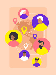vector illustration in a flat style on the theme of online communication. people of different races are marked on the globe