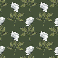 Seamless floral pattern of white rose flowers and leaves on green background