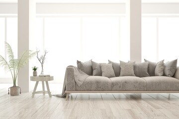 Fototapeta premium Modern living room in white color with sofa. Scandinavian interior design. 3D illustration