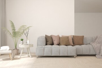 White living room with sofa. Scandinavian interior design. 3D illustration