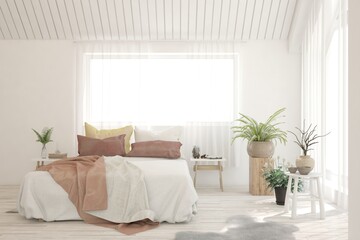 White bedroom interior. Scandinavian design. 3D illustration