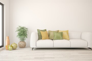 White living room with sofa. Scandinavian interior design. 3D illustration