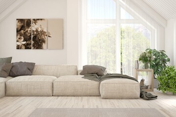 Minimalist living room in white color with sofa and summer landscape in window. Scandinavian interior design. 3D illustration