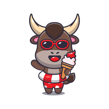 Cute bull cartoon mascot character with ice cream on beach