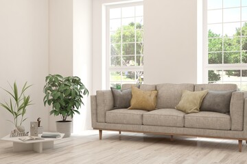 White living room with sofa and summer landscape in window. Scandinavian interior design. 3D illustration