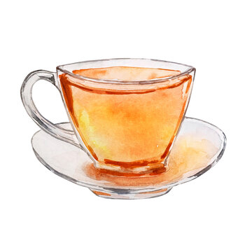 Watercolor glass cup of tea with honey