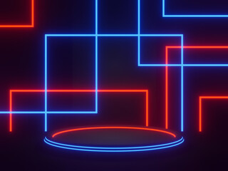 3D black geometric podium with red and blue neon lights.
