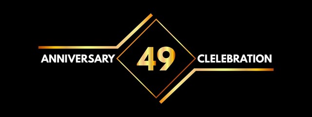49 years anniversary logotype with swoosh line golden color for celebration, birthday party, wedding and etc. Anniversary logo with square frame and elegant golden color isolated on black background. 