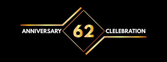 62 years anniversary logotype with swoosh line golden color for celebration, birthday party, wedding and etc. Anniversary logo with square frame and elegant golden color isolated on black background. 