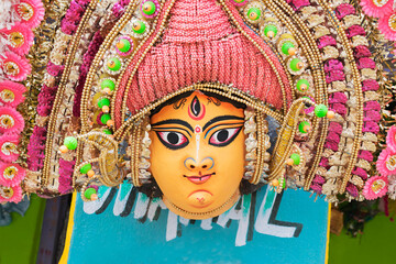 Purulia, West Bengal, India - August 15th 2017 : Colorful Chhau (or chhou) mask , handicrafts on...