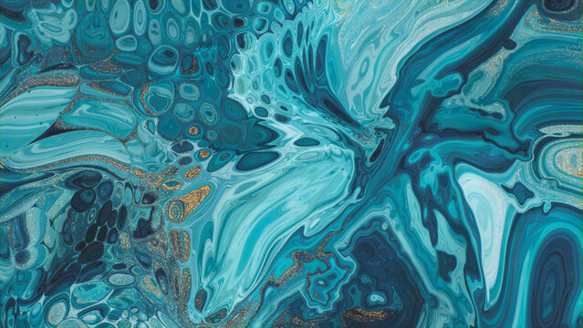 Liquid Swirls in Beautiful Teal and Blue colors, with Gold Glitter. Modern Art Background.