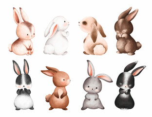 Watercolor Illustration set of cute rabbits