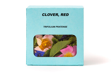 Clover, Red Medicinal herbs in a cardboard box. Herbal tea in a gift box