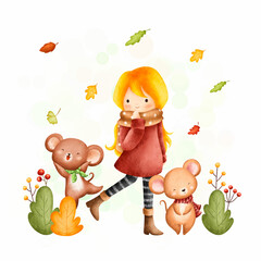 Watercolor Illustration cute girl in autumn outfit with mouse and falling leaves