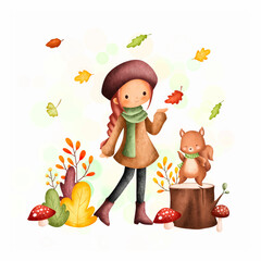 Naklejka premium Watercolor Illustration cute girl in autumn outfit with squirrel and falling leaves 