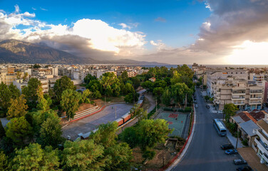 Obraz premium Aerial view of Kalamata Municipal Railway Park. The only open air museum of its kind in Greece and popular among all railway friends worldwide, in Kalamata, Peloponnese, Greece
