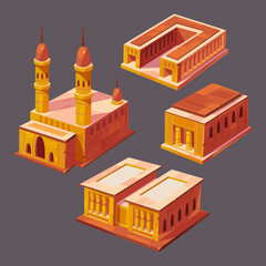 Isometric egyptian buildings, ancient landmarks. Vector set of old architecture in Egypt, historic buildings, arab Mosque, stone temples with pillars and statues isolated on background