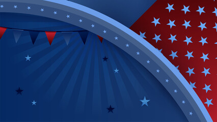 USA flag background. American flag waving in the wind vector illustration. Happy 4th of July stars balloons fireworks - Independence Day USA blue background for celebration poster template