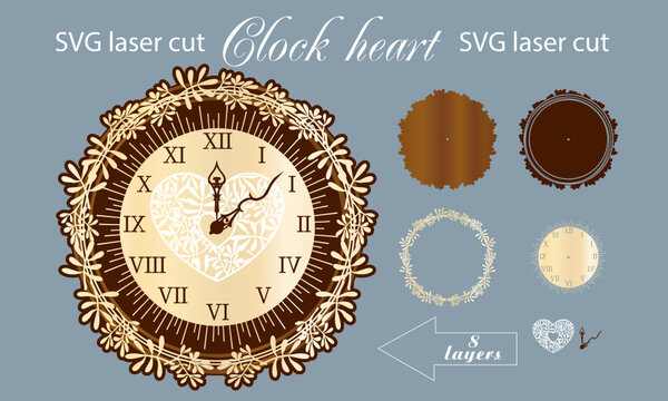 Wooden and acrylic clock create a decorative wall clock of acrylic and wood with my templates for laser cutting machines. The clock is decorated with a floral heart and a floral round frame