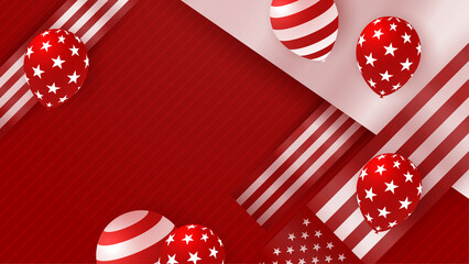 Obraz premium USA flag background. American flag waving in the wind vector illustration. Happy 4th of July stars balloons fireworks - Independence Day USA red background for celebration poster template